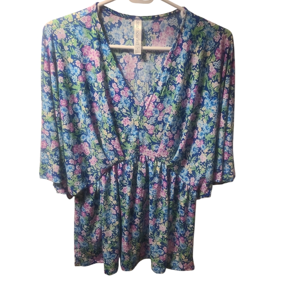 Floral V-Neck Blouse - Blue and Pink